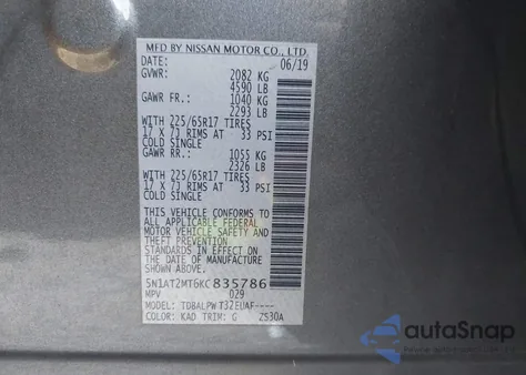 2019 Nissan Rogue S z USA, uszkodzony, nr VIN 5N1AT2MT6KC835786